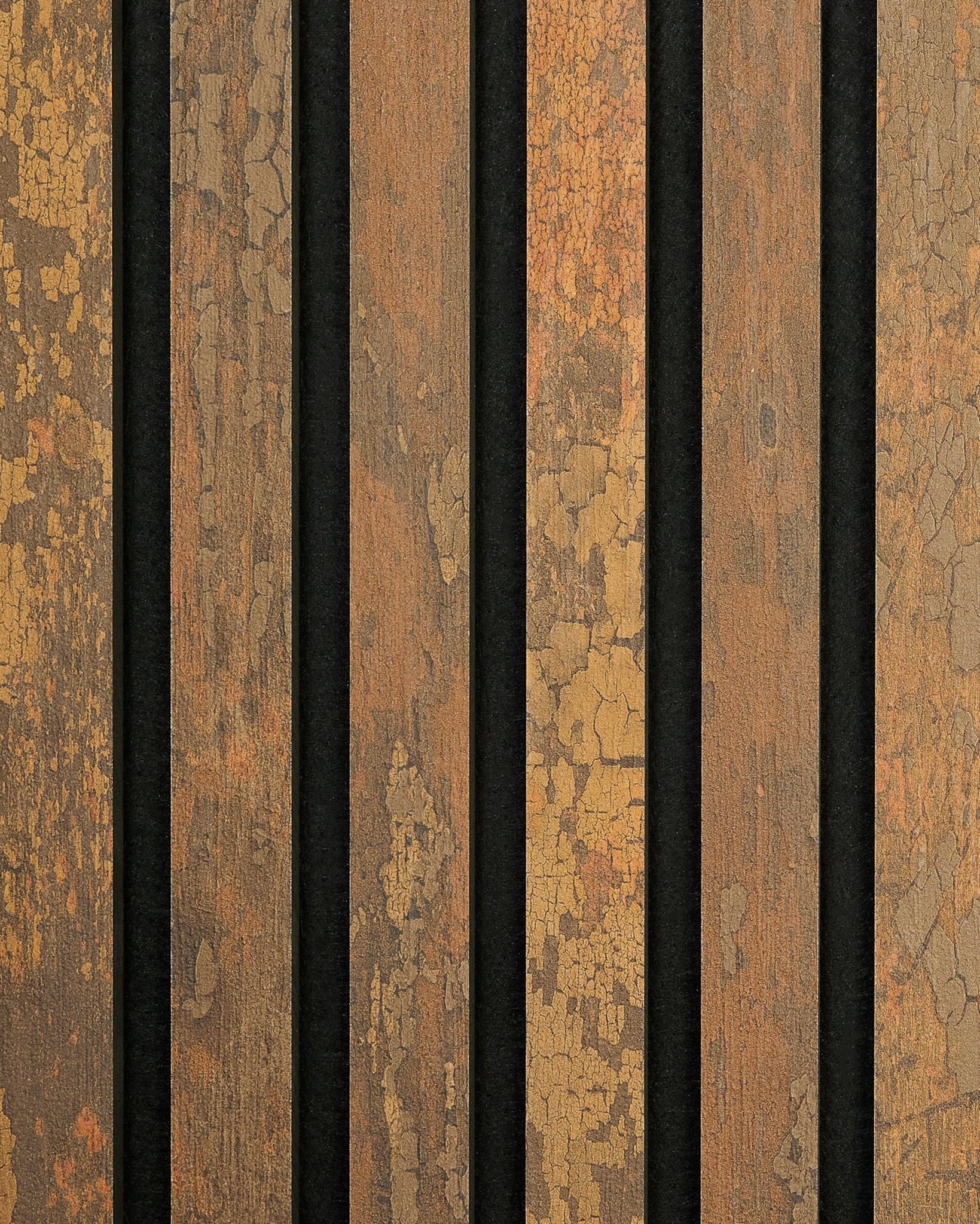 The Rebel | Muster / Copper Oxide von WoodUpp zeigt rustikale brown vertical Akustikpaneel Paneele mit verwitterter, Vintage-Optik.