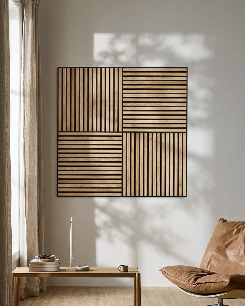Modernes Wohnzimmer mit Ledersessel, brennender Kerze und WoodUpp Akupixel Akustikpaneel in Rustic Natural Oak, das geometrische Schatten an die Wand wirft.