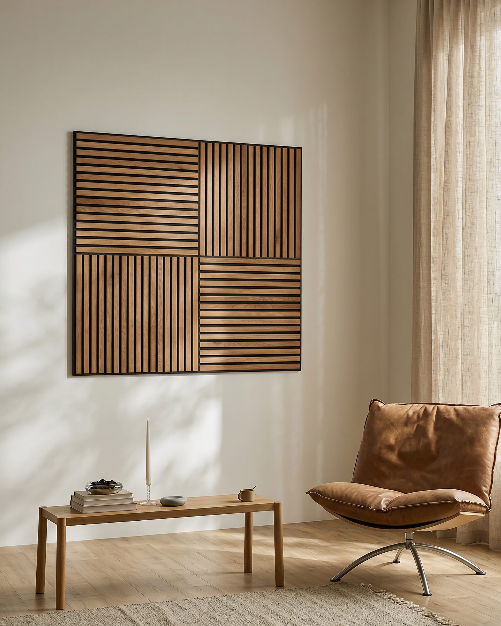 Minimalistisches Wohnzimmer mit einem brown Loungesessel, einem hölzernen Couchtisch und WoodUpp Akupixel Rustic Brown Oak Akustikpaneel an der Wand, im natürlichen Licht.