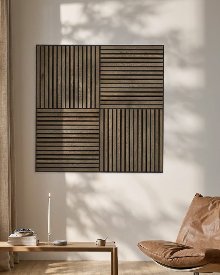 Minimalistischer Raum mit einem Ledersessel, einer Kerze und WoodUpp Akupixel Akustikpaneel in rustikalem grey oak, das geometrische Schatten auf die Wand wirft.