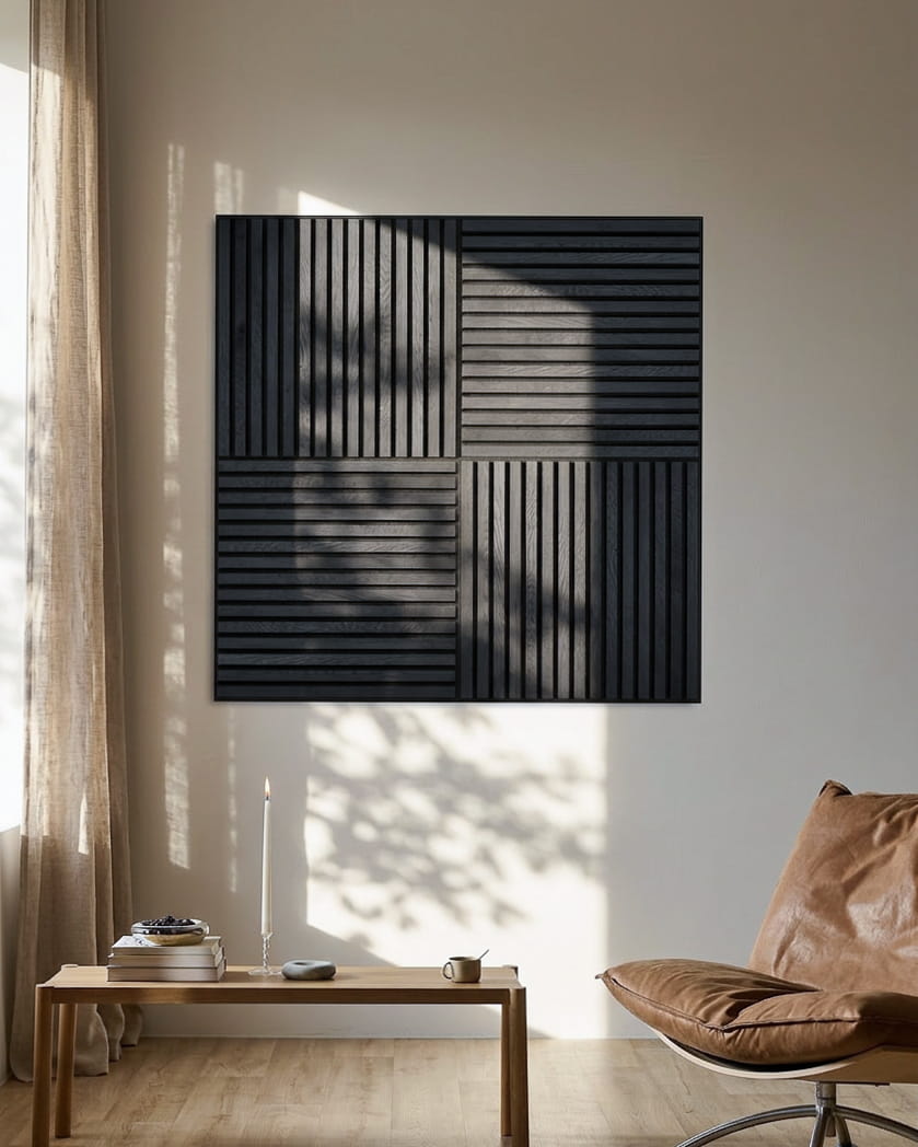 WoodUpp Akupixel Akustikpaneel, 60x60 cm, hat black Eschenholzlamellen auf Filzrückseite; minimalistisches skandinavisches Design für moderne Innenräume.