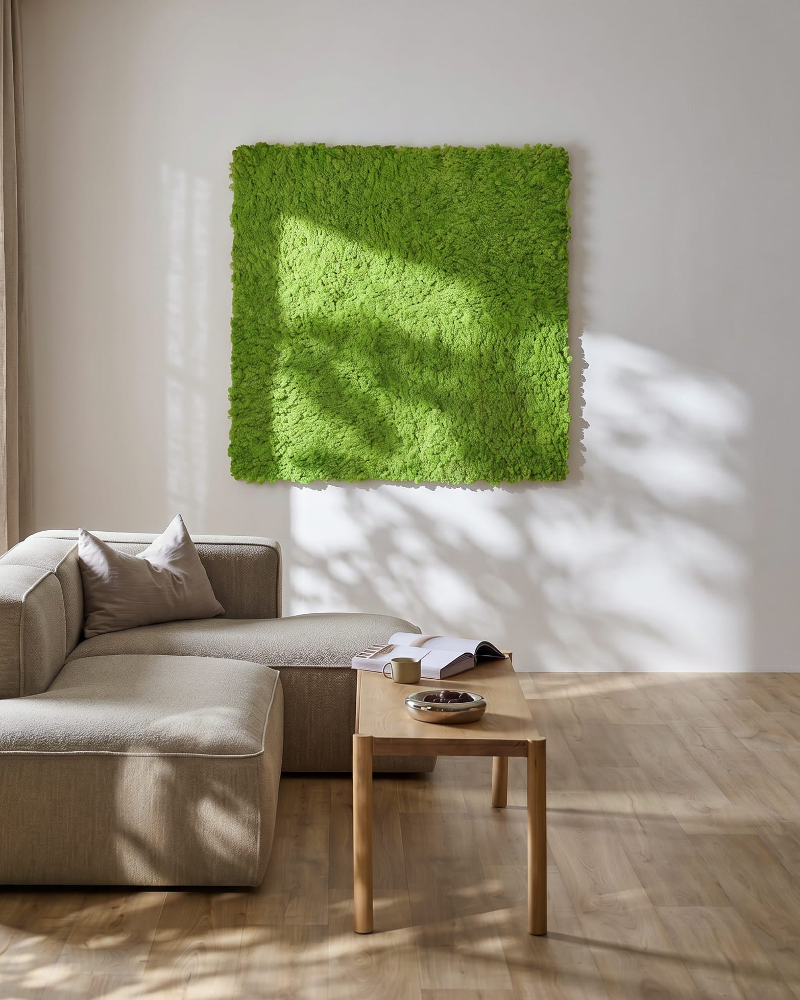 Modernes Wohnzimmer mit einem beige Sofa und WoodUpp Akupixel Akustikpaneel in Moss / Apple Green, 60x60cm, an der Wand montiert. Sonnenlicht wirft in der Nähe Schatten.