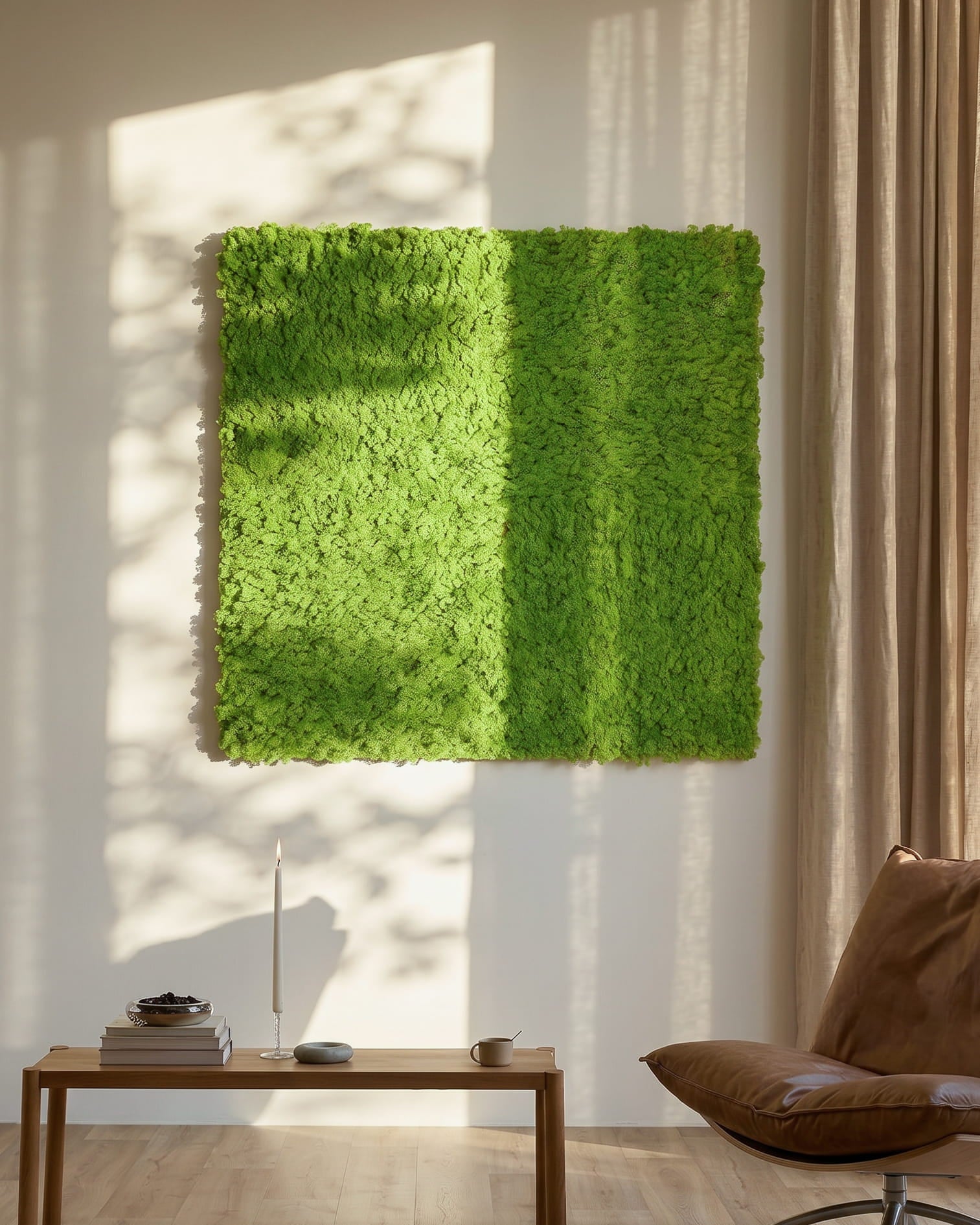 Akupixel Akustikpaneel in Moss / Apple Green, 60 x 60 cm, von WoodUpp, an einer sonnenbeschienenen Wand über einem small Tisch und beige Vorhängen montiert.