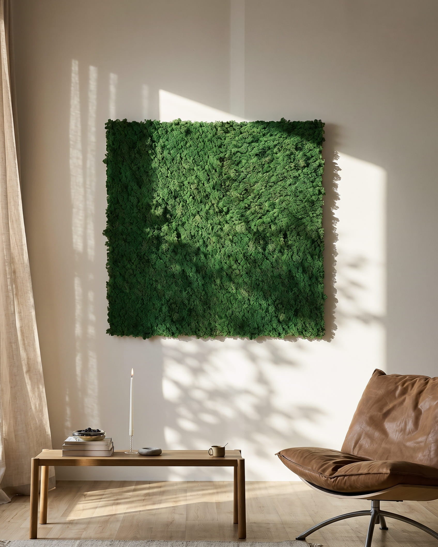 WoodUpp Akupixel Moss Green Akustikpaneel (60x60 cm), montiert an einer beige Wand über einem minimalistischen Tisch und einem Lederstuhl in brown.