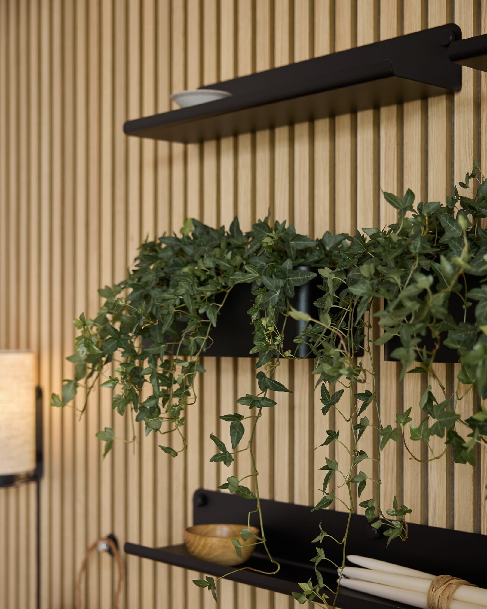 Die Vertical Akupanel Akustik-Holzlamellenwand ist mit black Regalböden, minimalistischer Deko, Pflanzen und einer black WoodUpp Norr Plant Box (35,9 cm) gestaltet.
