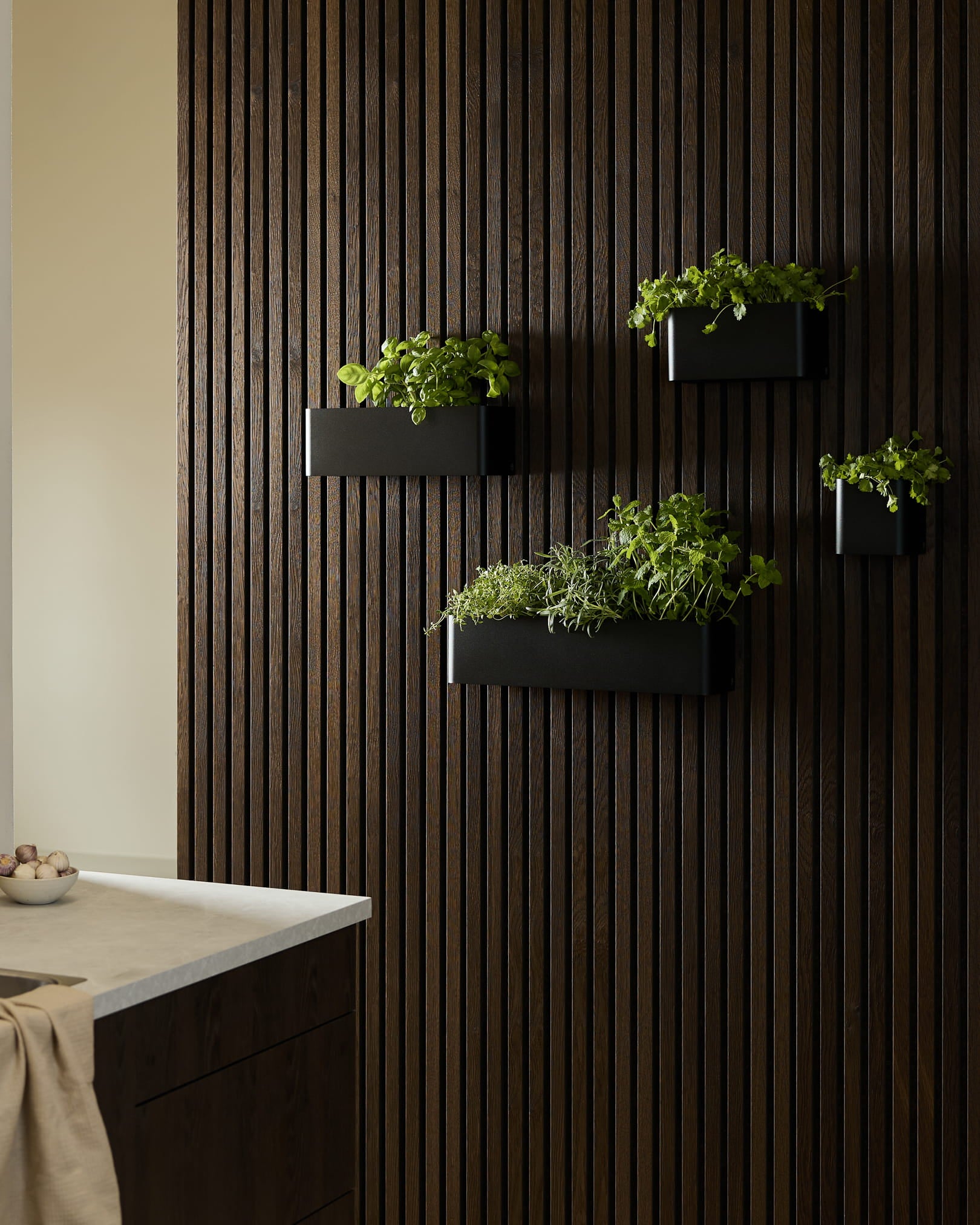 Black wandmontierte Pflanzgefäße und eine WoodUpp Norr Pflanzbox mit grünen Kräutern auf einem dunklen Holz-Akupanel Akustikpaneel in einer modernen Küche.