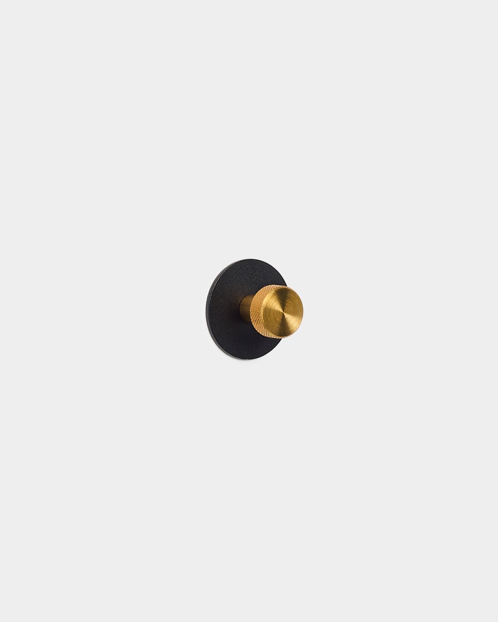 Goldfarbener Garderobenhaken auf einer runden Basis aus black Akupanel Akustikpaneel, gefertigt aus pulverbeschichtetem steel von WoodUpp.