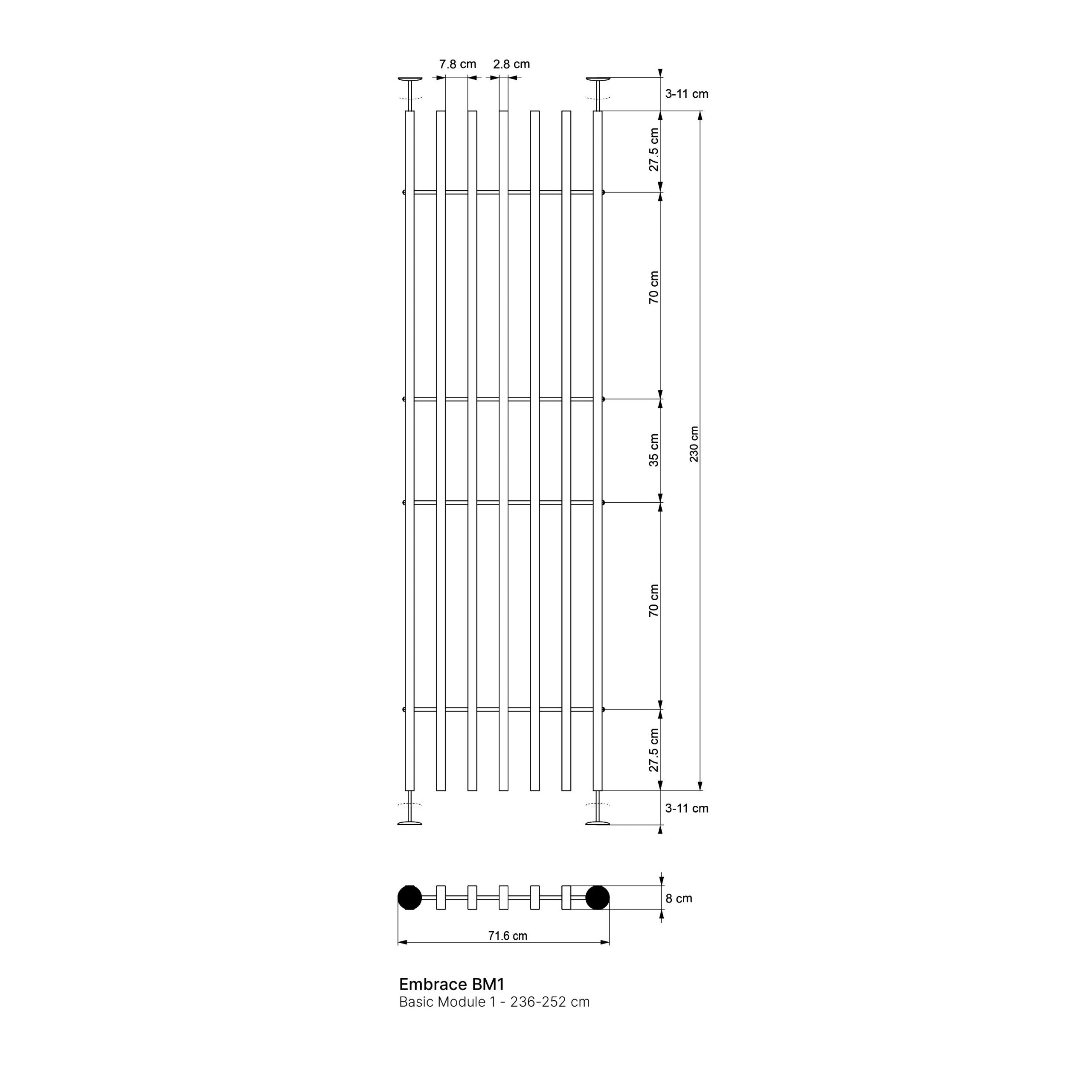 Technical drawing showing labeled dimensions of a vertical acoustic panel, width 71.65 cm and height 236–252 cm, with both front and top views.