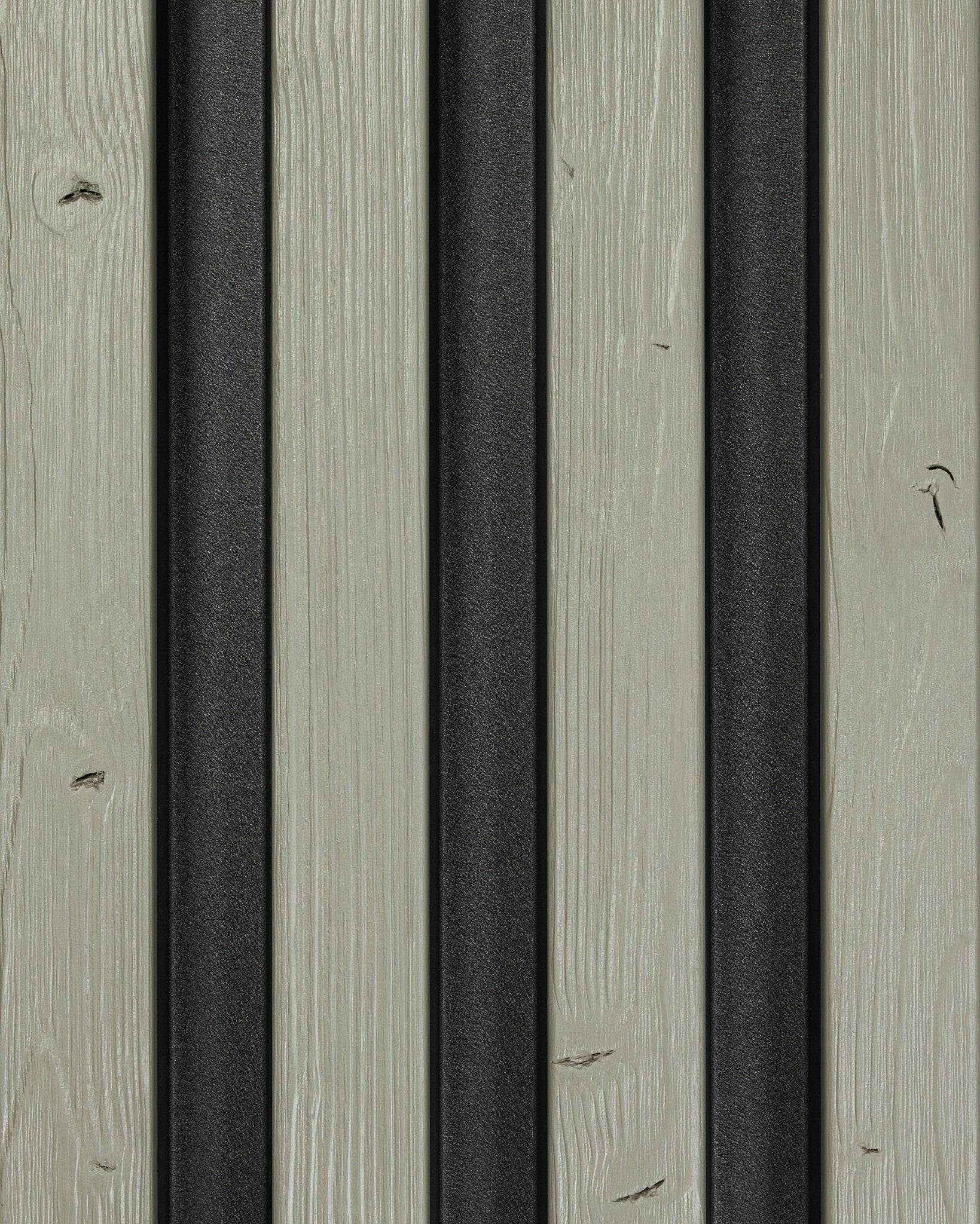 Aluwood Muster-Fassadenpaneel Grey (45,7 x 27 cm) von WoodUpp; graue Holzlamellen mit Metallstreifen in vertical black schaffen eine moderne, strukturierte Oberfläche für den Außenbereich.