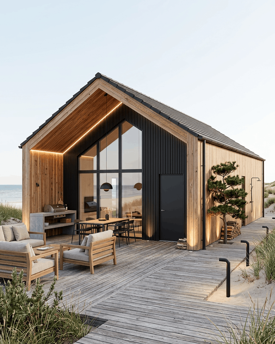 Modernes Strandhaus mit large Glasfenstern, Sitzbereich im Freien und WoodUpp Aluwood black Fassadenpaneelen, umgeben von Sanddünen und Strandgras.