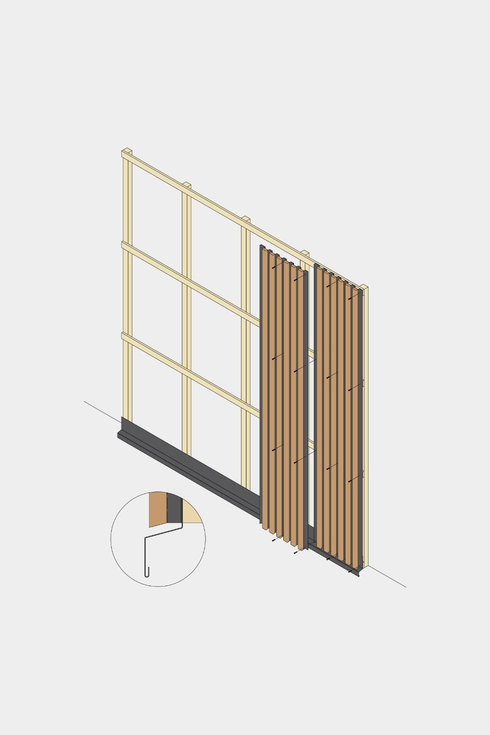 Isometrische Zeichnung der Montage eines WoodUpp Aluwood Fassadenpaneels, 240 cm Unterteil, mit Holzlamellen, black Abschluss und Detail zur Lamellenbefestigung.