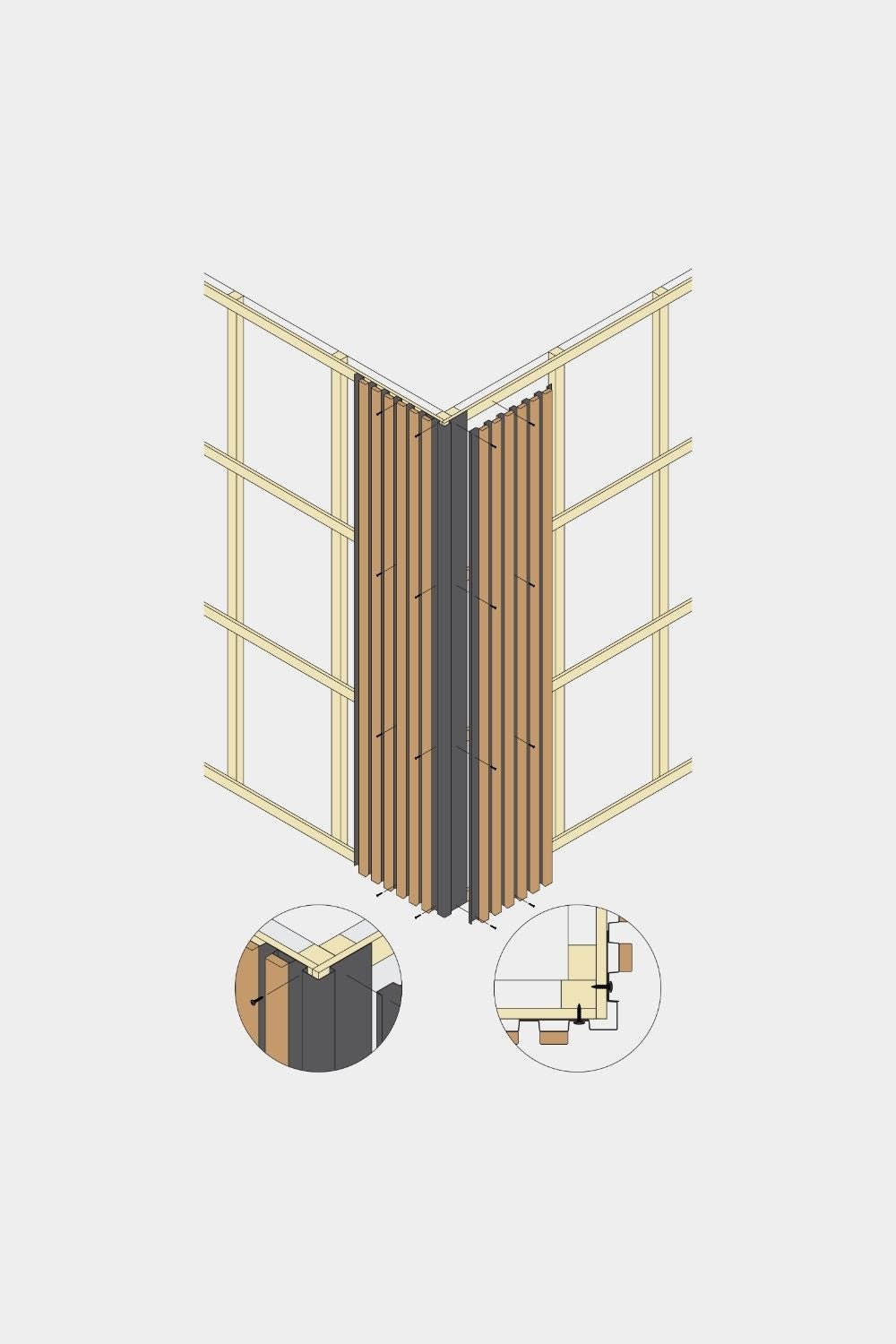 Isometrische Zeichnung eines WoodUpp Aluwood Fassadenpaneels mit 240 cm Außenecke, mit Detailansichten des Tragrahmens und des Aluminium-Eckprofils.