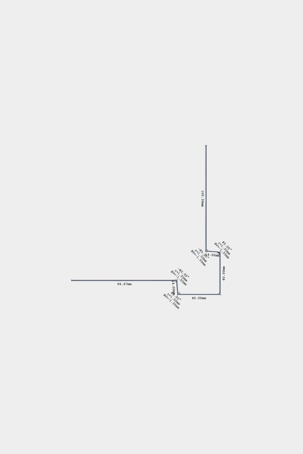 Technische Zeichnung von WoodUpp Aluwood Außenecke 240 cm mit Angaben zu Winkeln und Längen in mm für Ecken von Außenfassadenpaneelen mit äußerem Eckprofil aus Aluminium.
