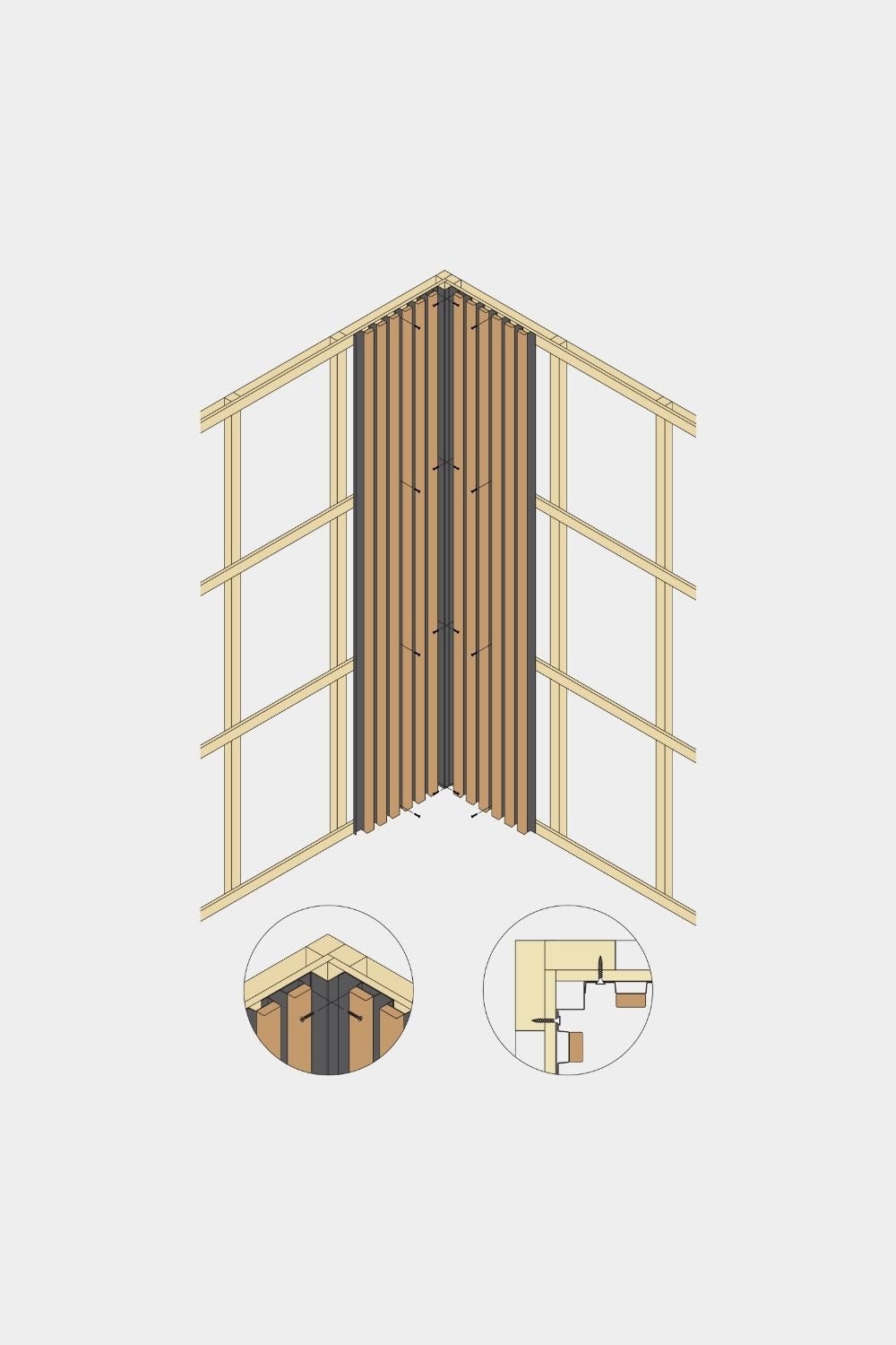 Isometrische Darstellung des WoodUpp Aluwood-Fassadenpaneel-Innenecks, 240 cm, mit Holzlamellen und Aluminiumprofil in zwei detaillierten Nahansichten.