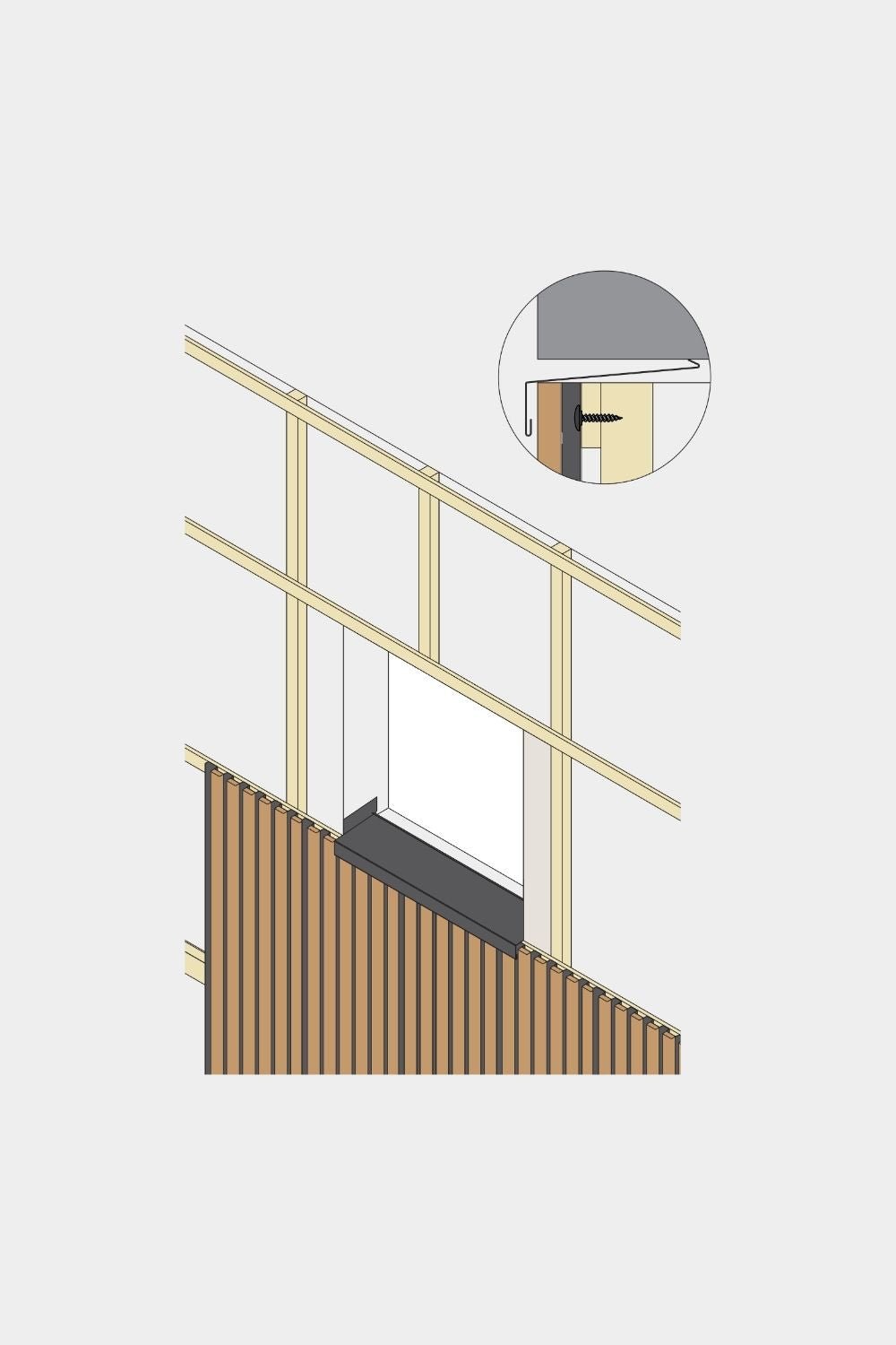 Diagramm einer WoodUpp Aluwood Fassadenpaneel-Fensterbank (240 cm), das den Schutz vor Wassereintritt am Aluminiumprofil mit Schraubbefestigung zeigt.