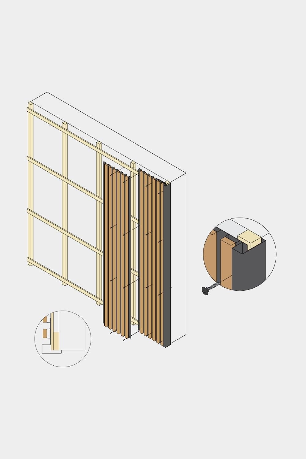 Isometrische Darstellung der WoodUpp Aluwood Fassadenpaneel-Endecke, 240 cm, mit vertical Holzlamellen, pulverbeschichteter Oberfläche und Aluminium-Endprofil.