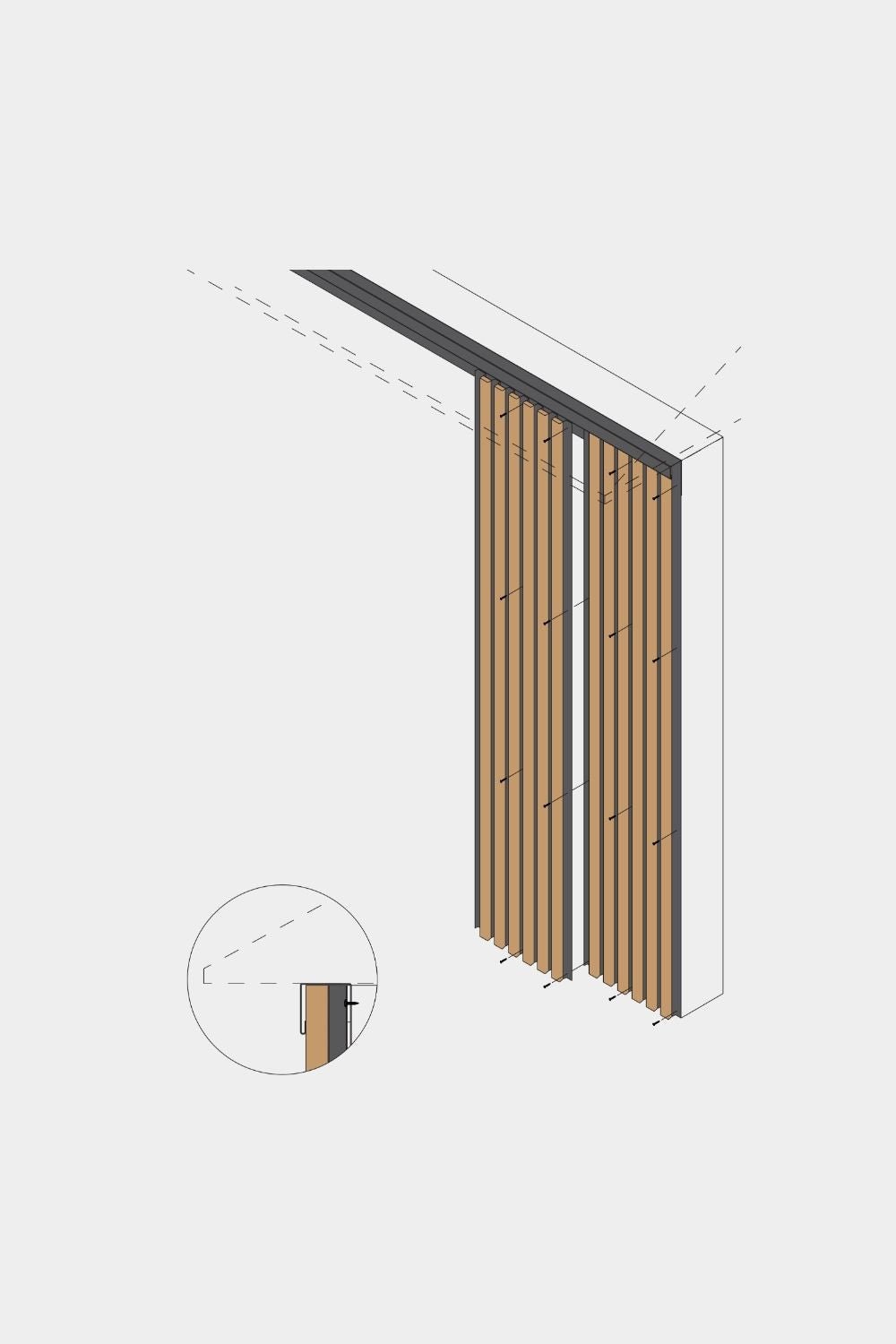 Isometrische Ansicht der boden- bis deckenhohen Aluwood-Fassadenpaneele von WoodUpp (240 cm), mit Detailansicht der Deckenmontage und des oberen Abschlusses.