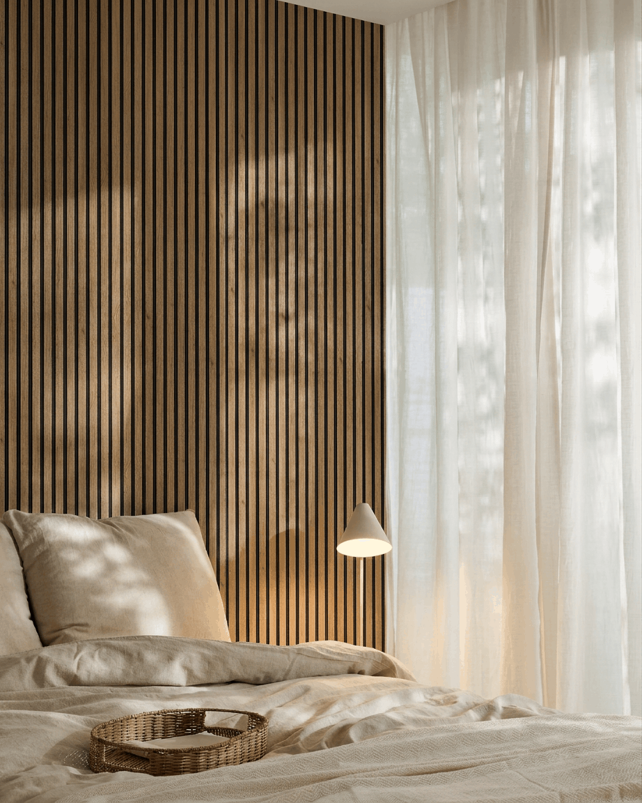 Minimalistisches Schlafzimmer mit einer WoodUpp Akupanel Akustik-Lamellenwand (Eiche Englisch, Black Filz) als Akzentwand, beige Bettwäsche, geflochtenem Tablett, Wandleuchte und transparenten Vorhängen.