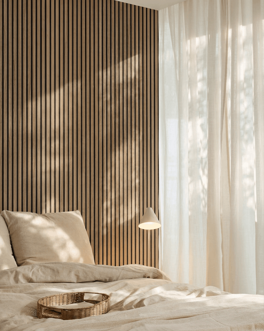 Minimalistisches Schlafzimmer mit beige Bettwäsche, transparenten Vorhängen, einer Hängelampe und einer WoodUpp Akupanel Akustikwand aus Holzlamellen (English Walnut) als Akzentwand hinter dem Bett.