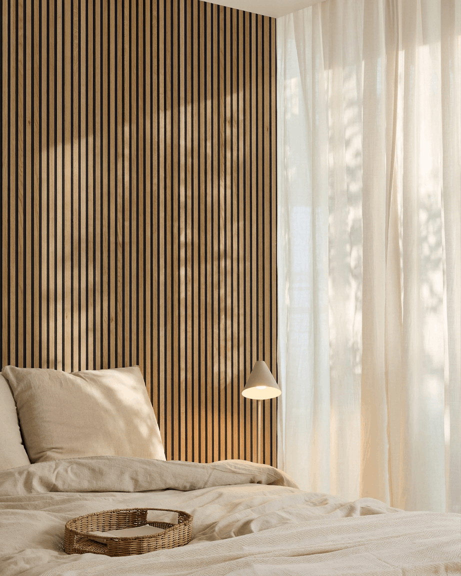 Minimalistisches nordisches Schlafzimmer mit WoodUpp Akupanel Akustikpaneel in Rustic Brown Oak an der Wand, beige Bettwäsche, einem Rattantablett auf dem Bett und transparenten Vorhängen.