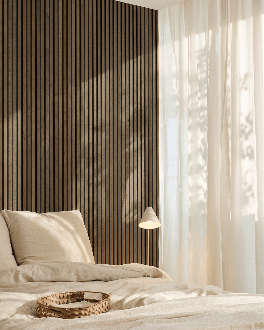 Minimalistisches skandinavisches Schlafzimmer mit einer WoodUpp Akupanel Natural Wood Akustikpaneel Akzentwand, beige Bettwäsche, einem Tablett aus Rattan und transparenten Vorhängen.