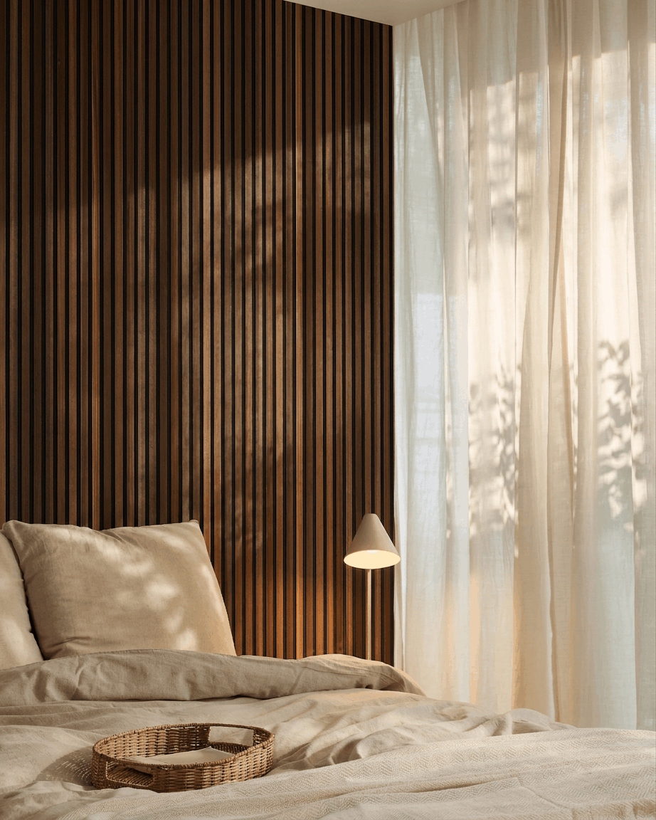 Schlafzimmer mit beige Bettwäsche, transparenten Vorhängen und einem WoodUpp Akupanel Akustik-Wandpaneel mit Lamellen in smoked larch und black Filz, während Sonnenlicht hereinfällt.