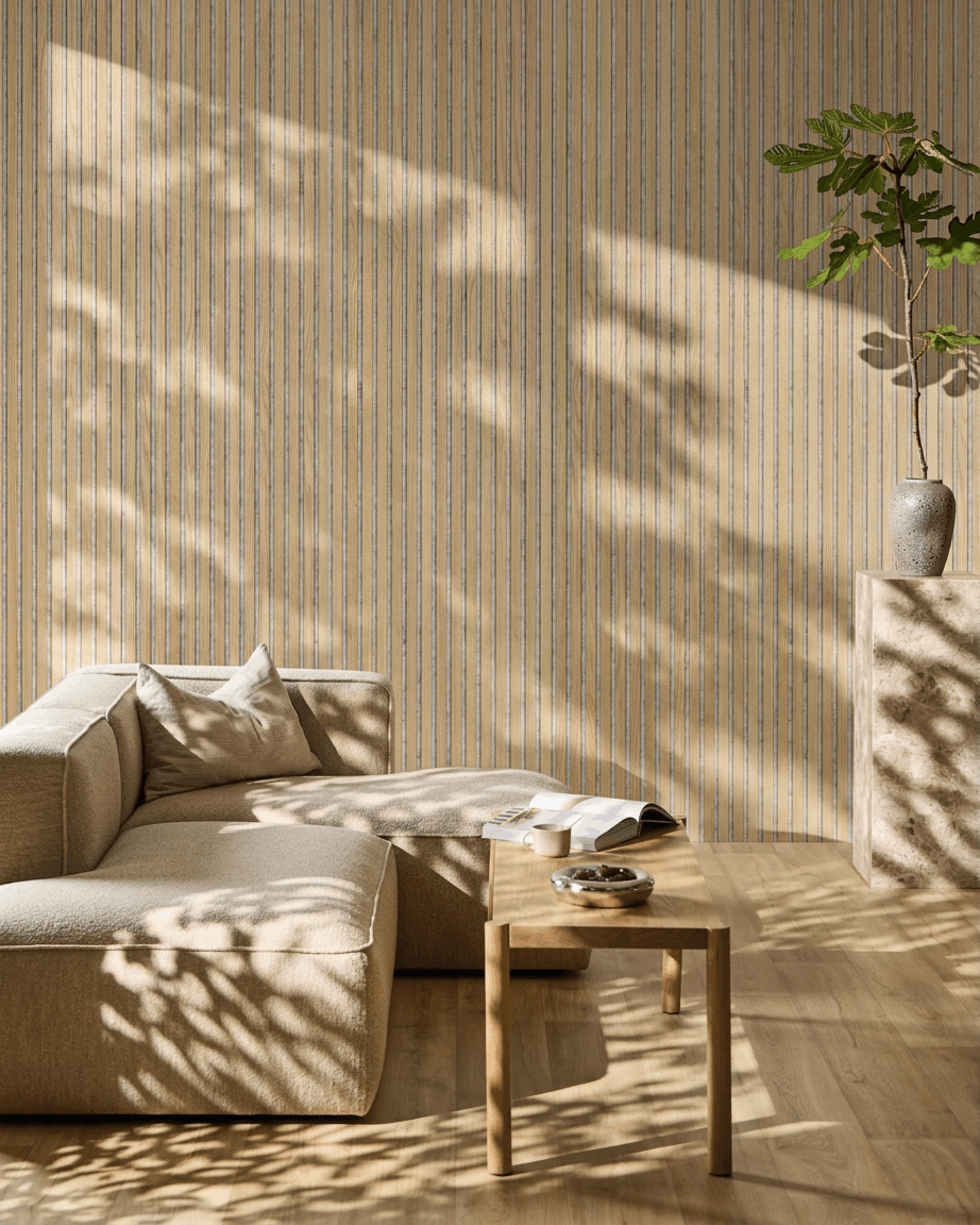 Minimalistisches Wohnzimmer mit beige Sofa und Couchtisch. WoodUpp Akupanel Akustikpaneel in Classic Oak, Grey Filz, bringt nordischen Stil und weiche Schatteneffekte.