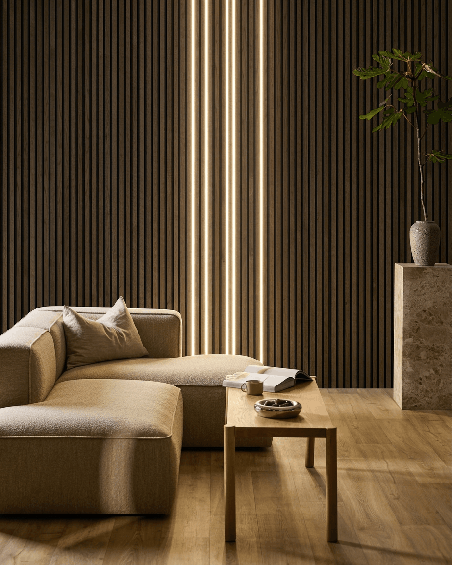 Minimalistisches Wohnzimmer mit einem beige Sofa, einem Couchtisch aus Holz und einer hohen Vase vor einer WoodUpp Akupanel Akustik-Holzpaneelwand, beleuchtet von Lumi LED-Lichtleiste.