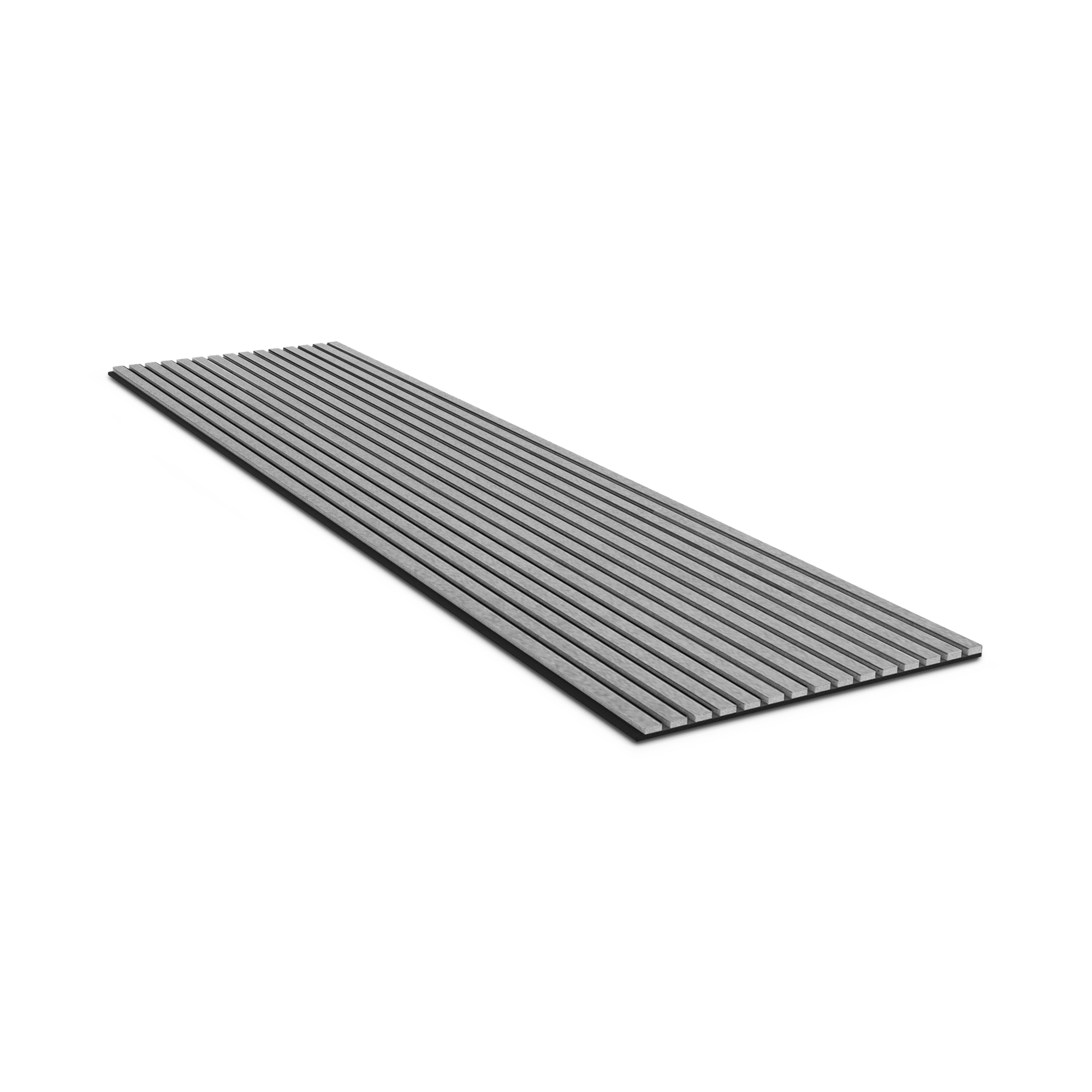 WoodUpp Akupanel-Akustikplatten in Grau, rechteckig mit parallelen Rippen, abgebildet auf weißem Hintergrund.